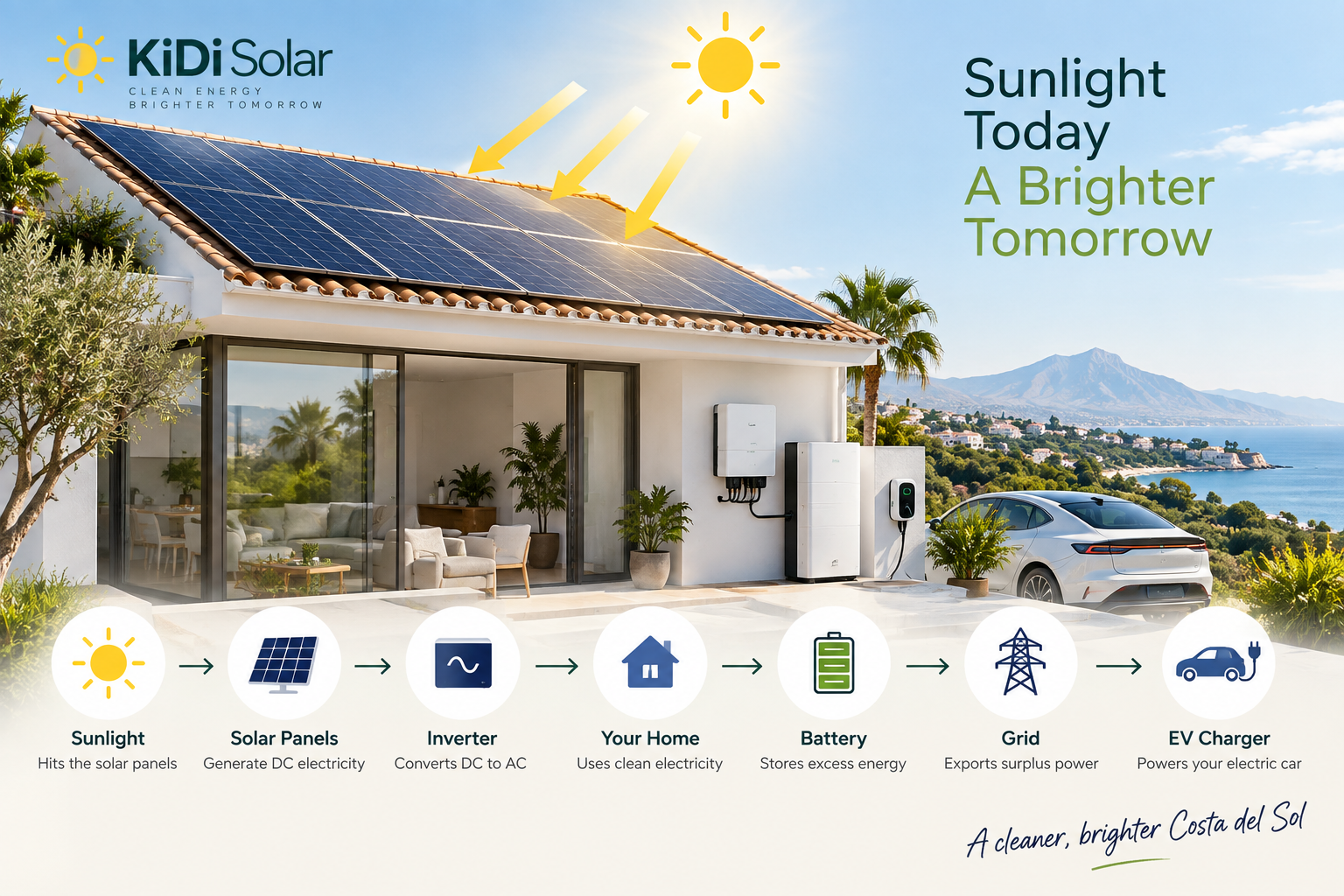 How solar panels work with inverter, battery, grid and EV charger in a Costa del Sol home