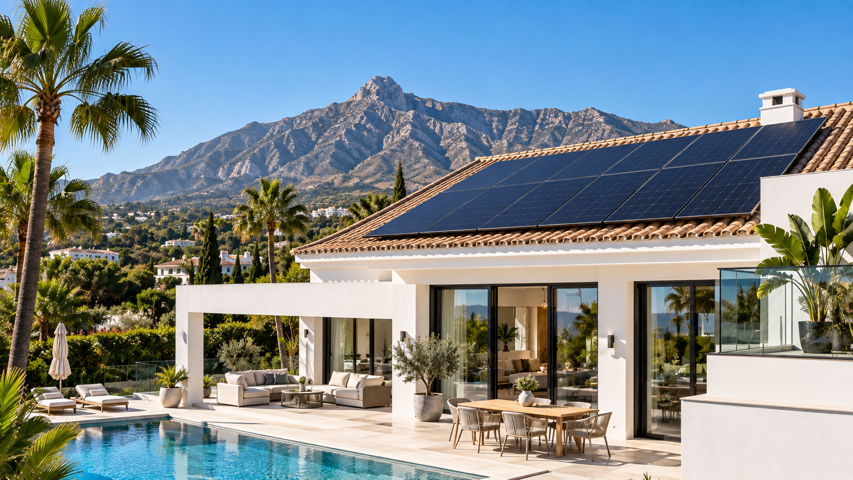 Solar panel installation cost in Spain 2026 – villa with rooftop solar panels in Marbella