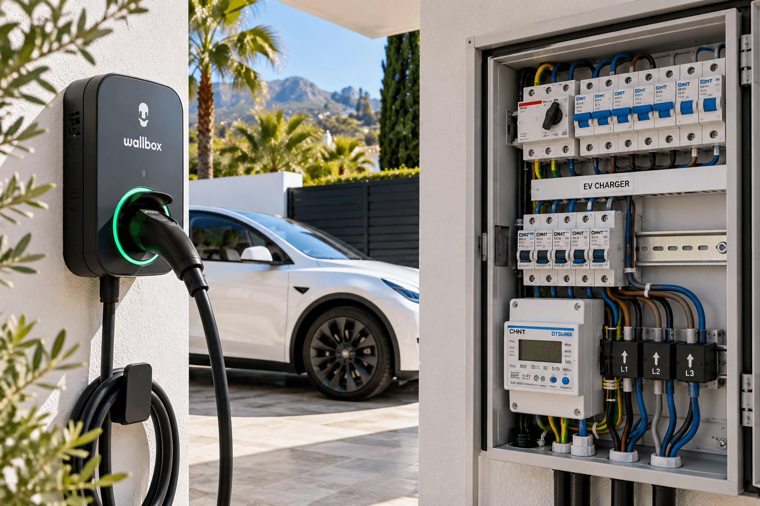 Cargador doméstico de 11 kW para coche eléctrico con protecciones eléctricas instalado por KiDi Solar