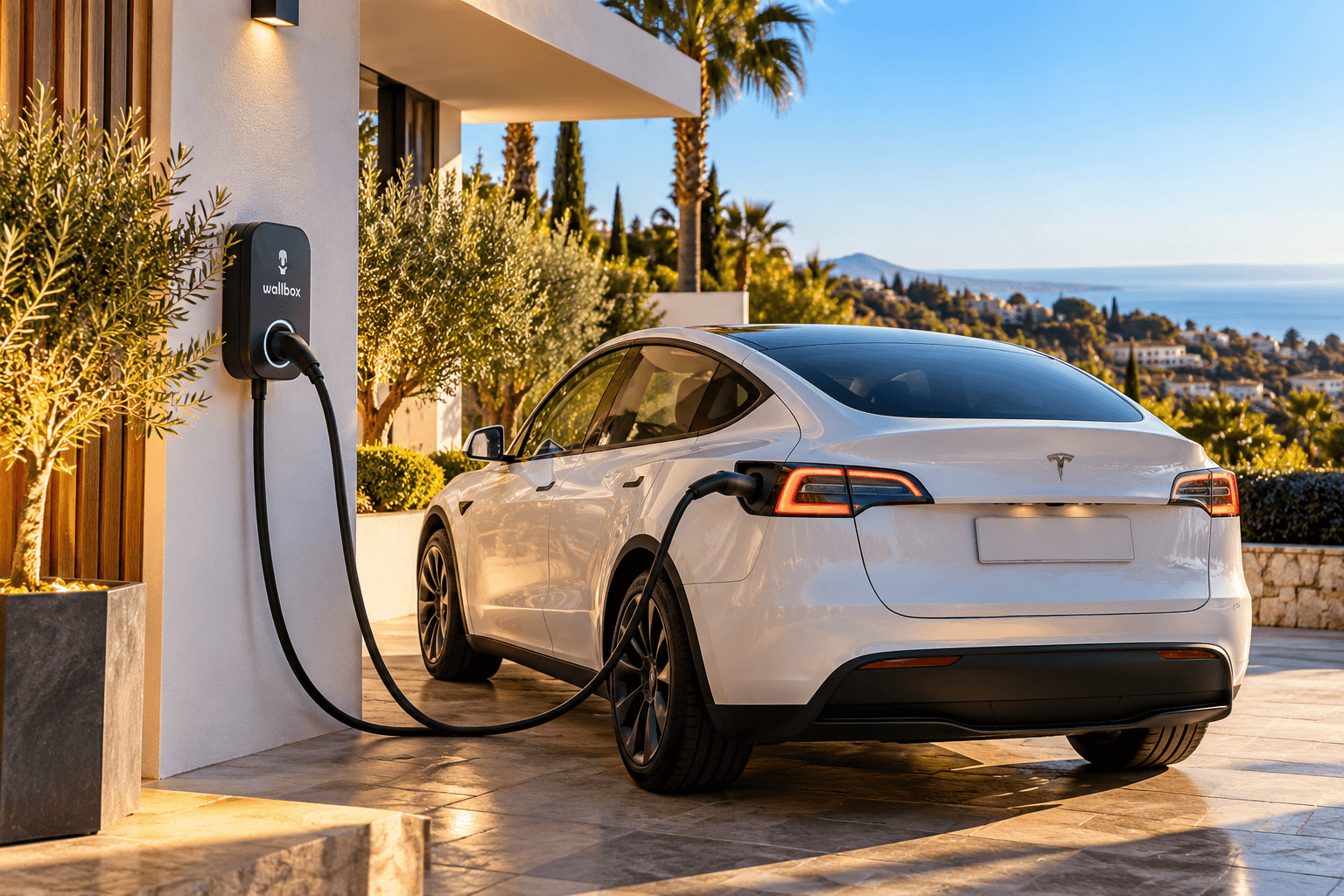 Coche eléctrico conectado a un cargador doméstico en una villa de la Costa del Sol