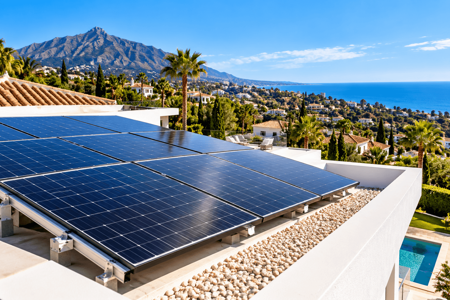 Paneles solares modernos instalados en una villa para cargar un coche eléctrico en la Costa del Sol