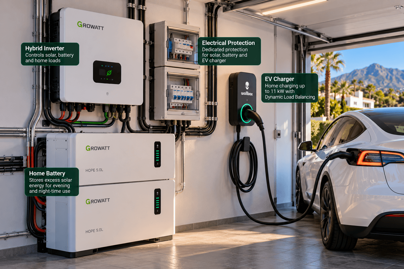 Inversor solar híbrido y batería doméstica instalados en el garaje de una villa en Marbella