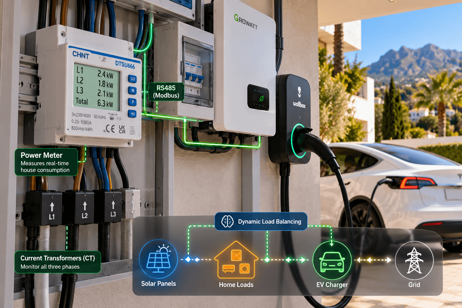 Medidor de energía y sistema de balanceo dinámico de carga para un cargador de coche eléctrico en Marbella