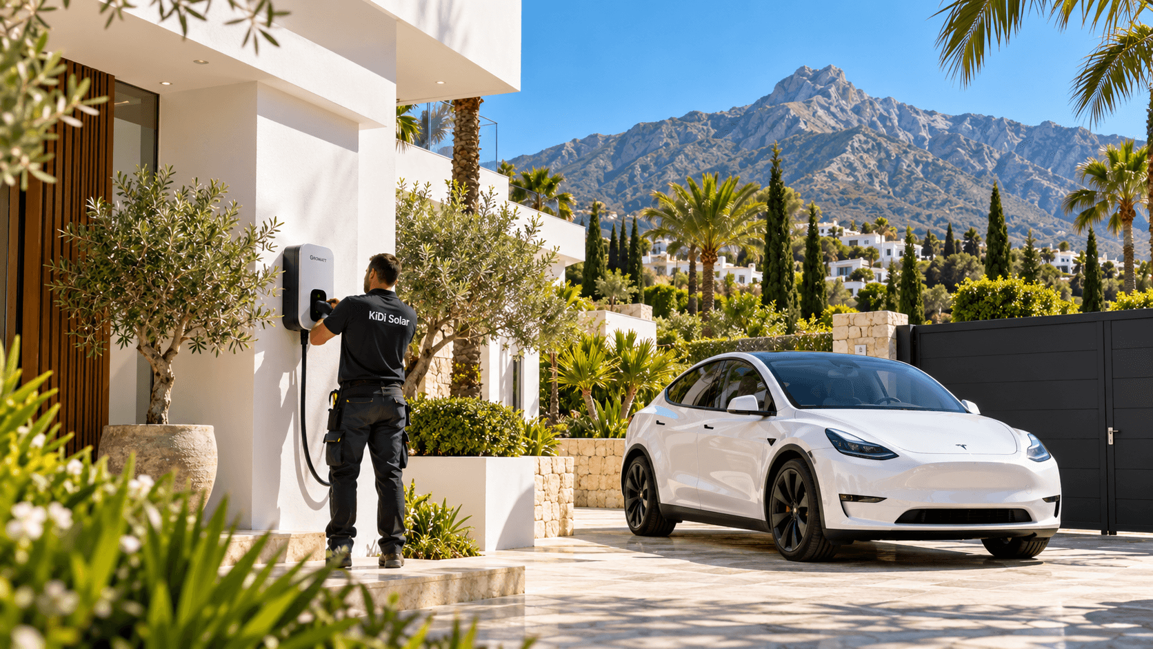 KiDi Solar technician installing an EV charger beside a white Tesla at a villa in Marbella with La Concha mountain in the background